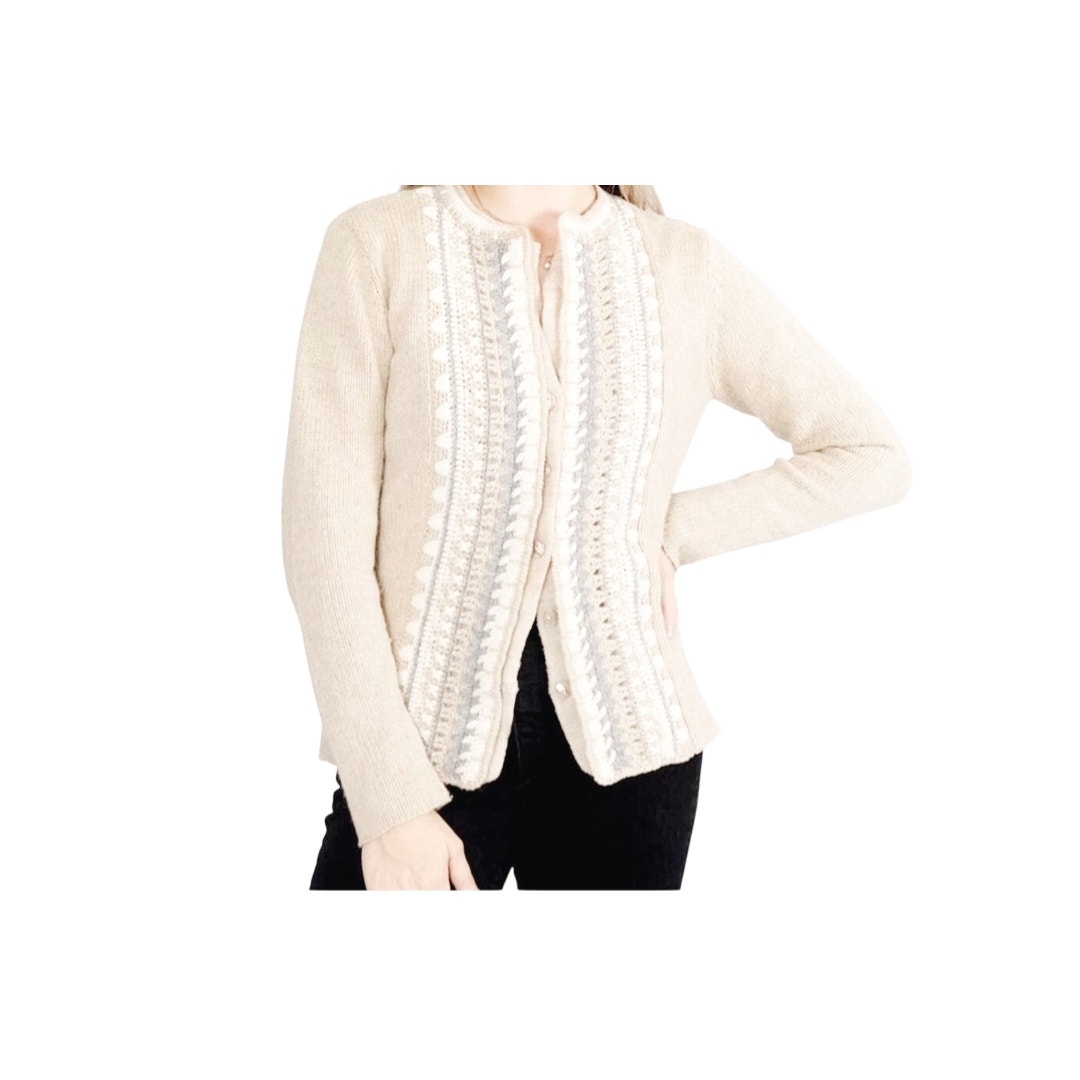 Talbots Womens Vintage Beige Knit Embroidered Button Sweater Cardigan Size SM